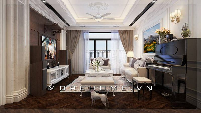 Gỗ ốp tường màu nâu tạo điểm nhấn ấn tượng cho phòng khách tân cổ điển căn hộ chung cư.